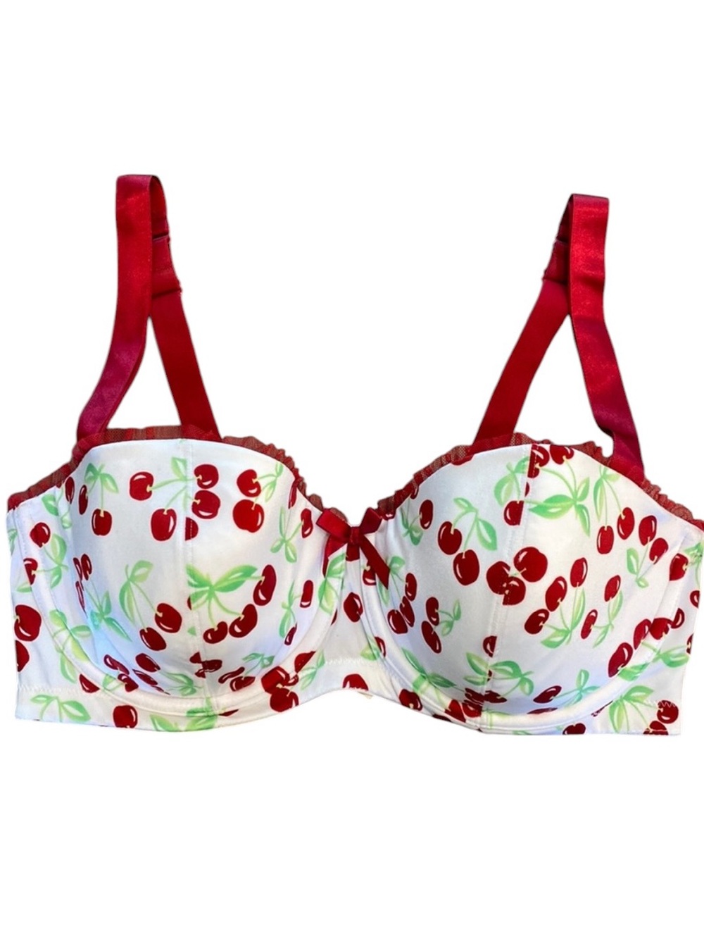 CACIQUE Cherry Print Ruffle Bow Retro Pinup Balconette Bra Coquette SZ 42D